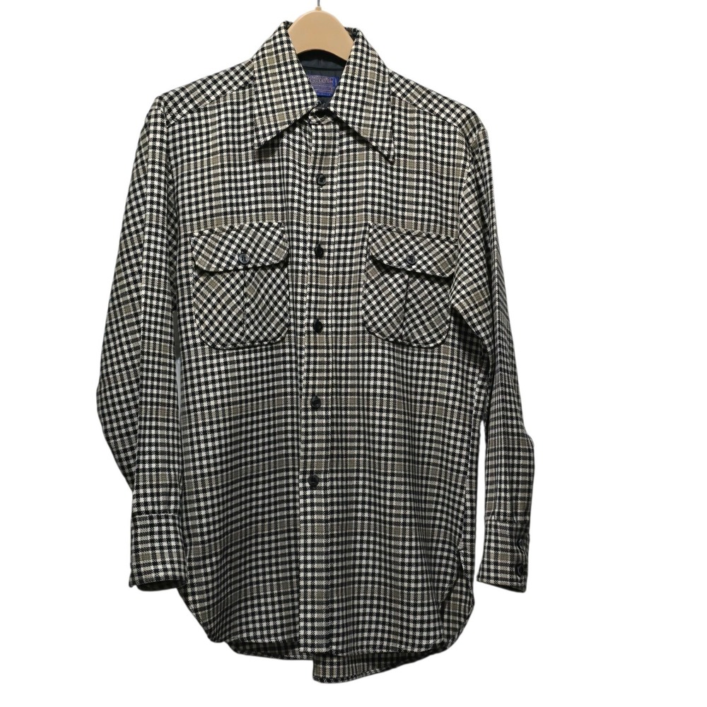 VTG Pendleton Wool Board Shirt Houndstooth Check Cream Black USA Men's M